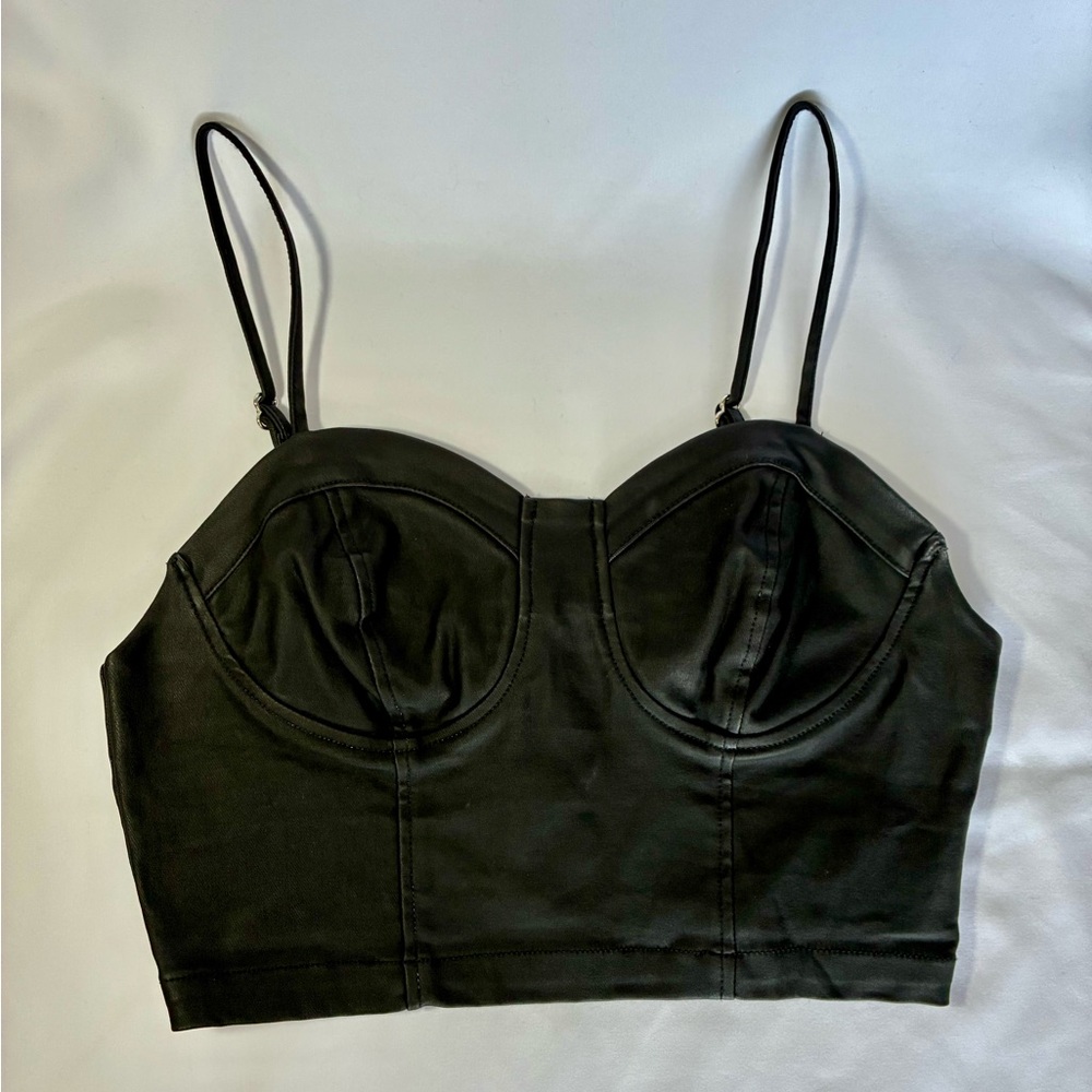 Black Crop top w/Adjustable Spaghetti Straps. Faux leather by Indigo Rising.